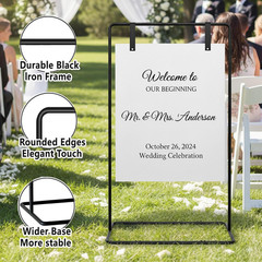 Wedding Welcome Sign Stand, Black Easel | Leather Sign Hanging Straps, Linen Sig