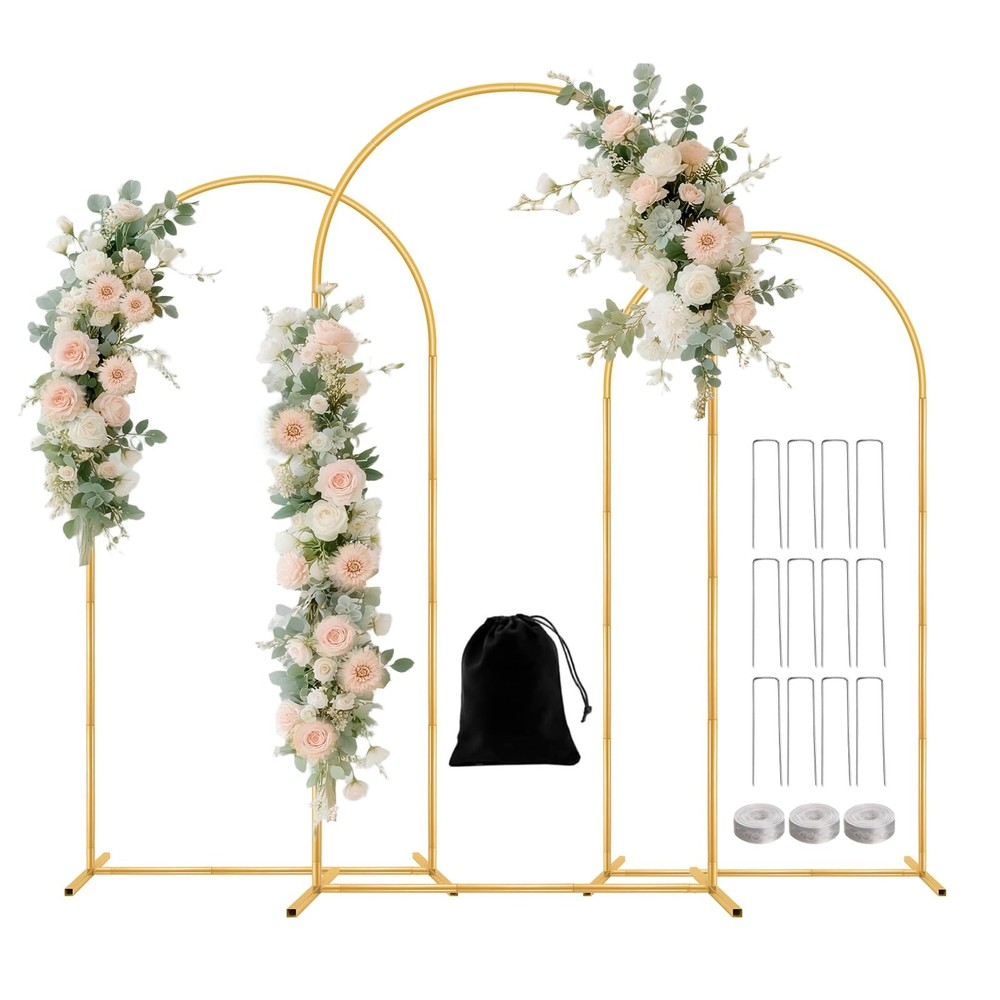 3 Pack Metal Arch Backdrop Stand 6ft 5ft 4ft Gold Wedding Balloon Frame