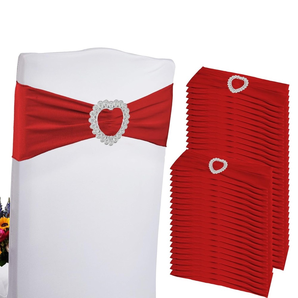 100PCS Spandex Stretch Red Chair Sashes Bows Universal Elastic Chair Cover Bands