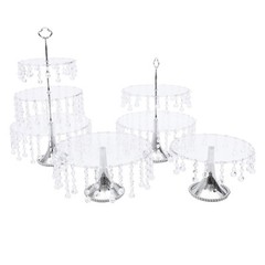 4 Piece Cake Stand Set Round Silver Metal Acrylic Crystal Detachable Display