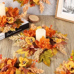 6 Pcs Fall Floral Candle Rings Wreath Mini Autumn Swags Wreaths with Berries …