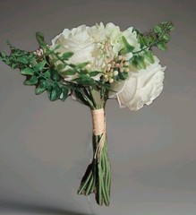 Ivory White Bouquet-5 Cabbage Roses, Hydrangea, Small Accent Berries, Greenery
