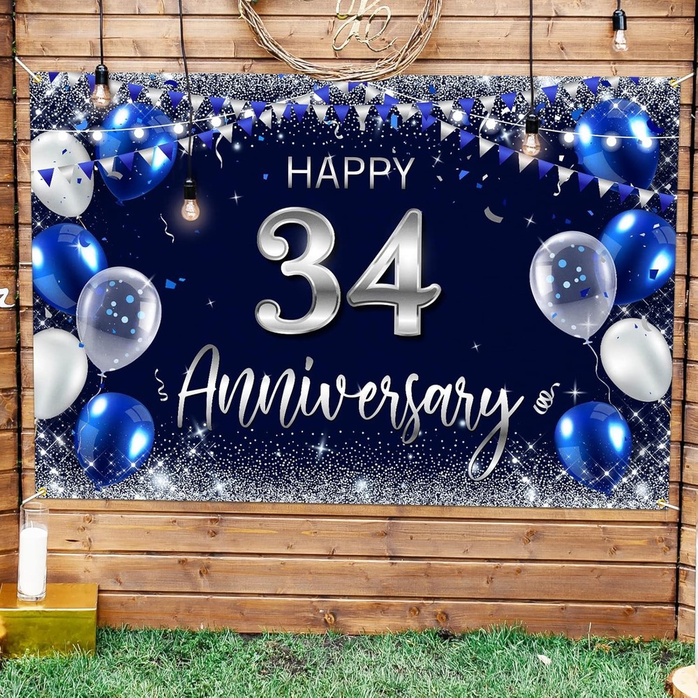 Happy 34th Anniversary Backdrop Banner – Navy Blue Silver Glitter, 47.2×70.9 in