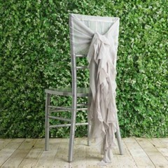 Silver Premium CHAIR COVER with Curly Chiffon Ruffled SASHES Wedding Light Gray