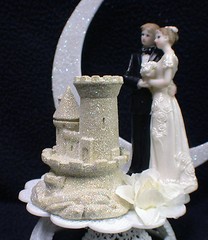 Sand Castle Beach Florida Wedding Cake Topper. Ocean Lake bride and Groom Top