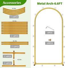 6.6FT Metal Arch Backdrop Background Stand Frame for Wedding Birthday Party Gold