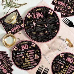 96Pcs 80th Birthday Decorations Women Tableware Set Rose Gold Back in 1946 Pa…