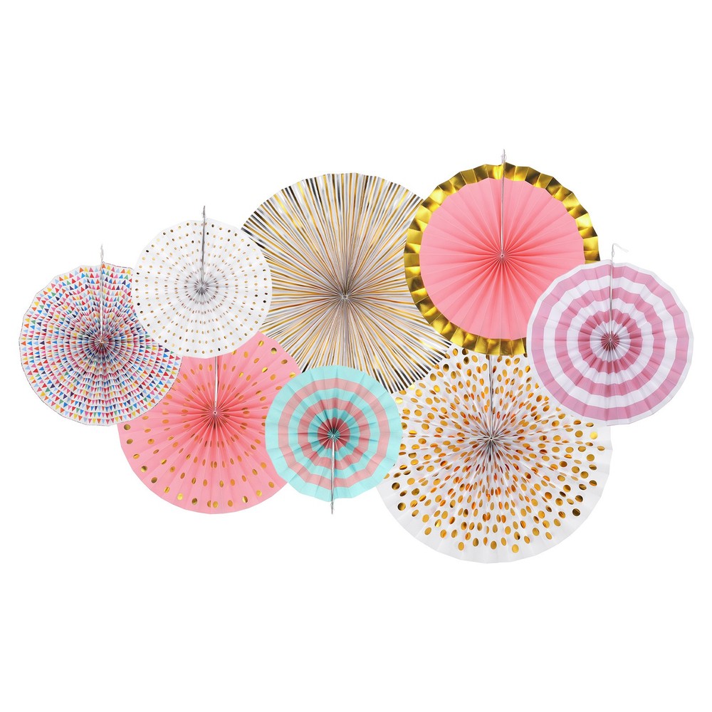 8Pcs Hanging Paper Fans Party Set Decoration for Birthday Pink Gold White