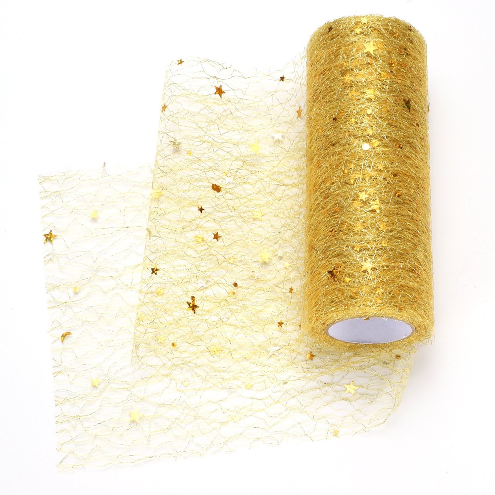 Moon & Star Tulle Rolls Fabric, 6″ x 10 Yard Nylon Tulle Ribbon, Gold