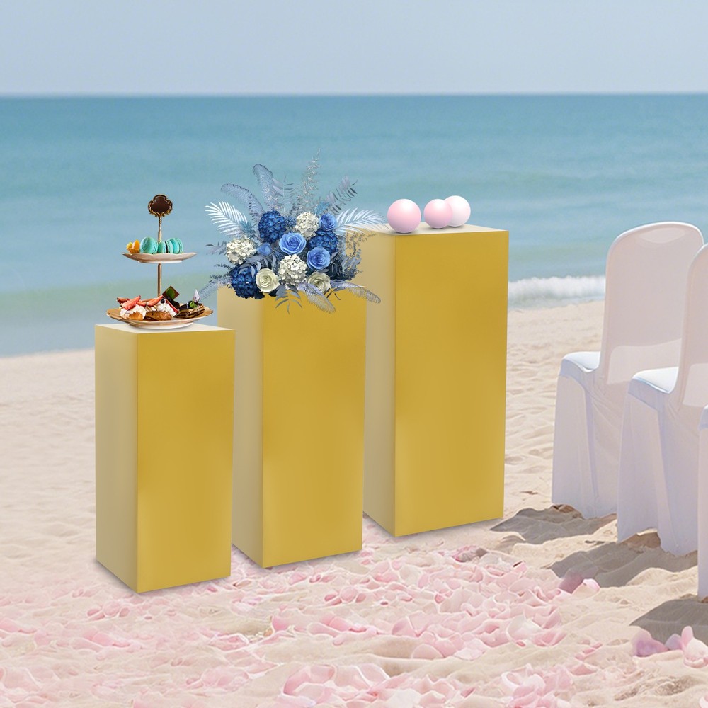 3-Pc Gold Iron Display Pedestal Stands Cuboid Set for Wedding Party