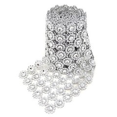 4 Inch x 2 Yards Sparkling Silver Flower Shape Diamond Mesh Wrap Roll Faux