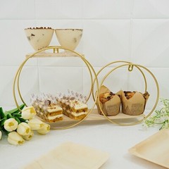 GOLD NATURAL 2 Tier Round Metal Wood Geometric Floating Shelf Events Decorations