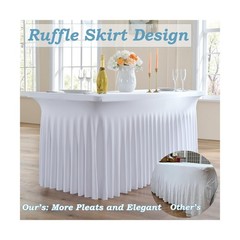 6 pk White Spandex Table Cloth Rectangle 8ft with Ruffle Skirt,Wrinkle Free H…