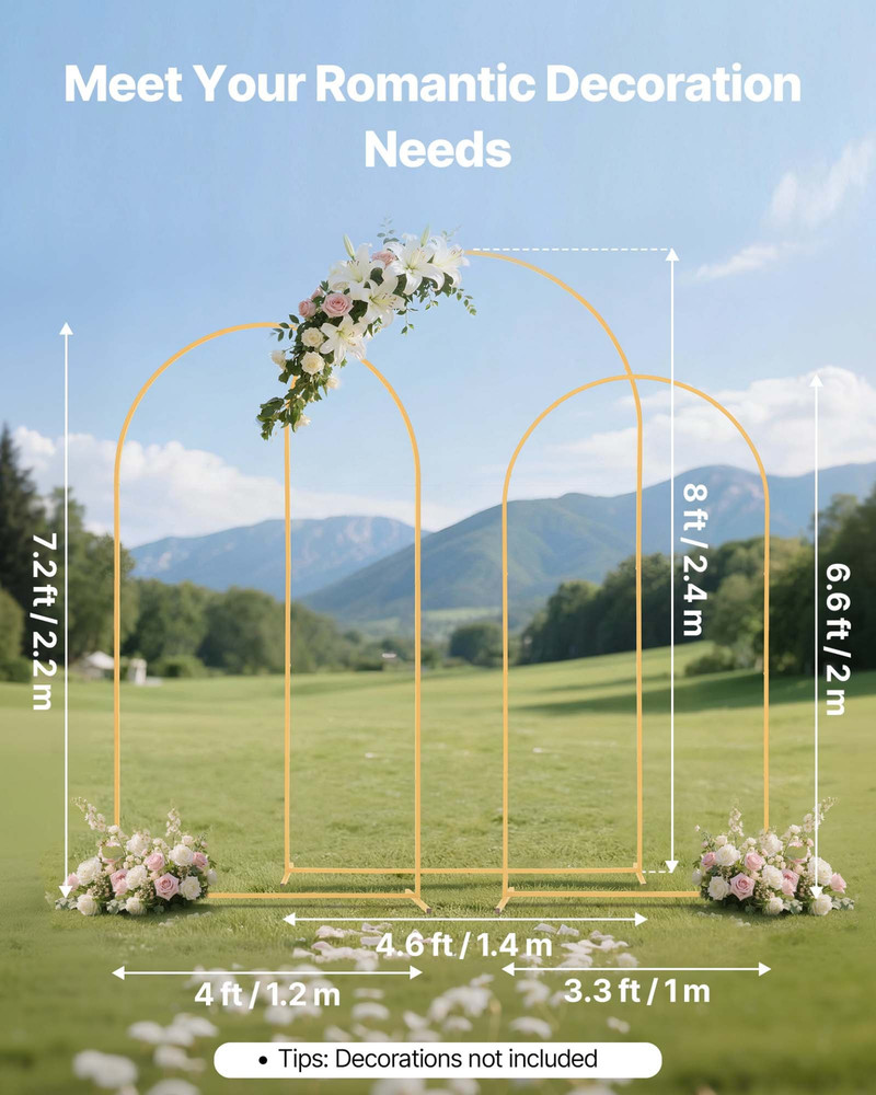 3PCS Gold Arch Backdrop Stand Set 8FT 7.2FT 6.6FT Wedding Party Decor