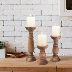 Rustic Wooden Pillar Candle Holders Set of 3, 12” 9” 6” Farmhouse Wood Can…