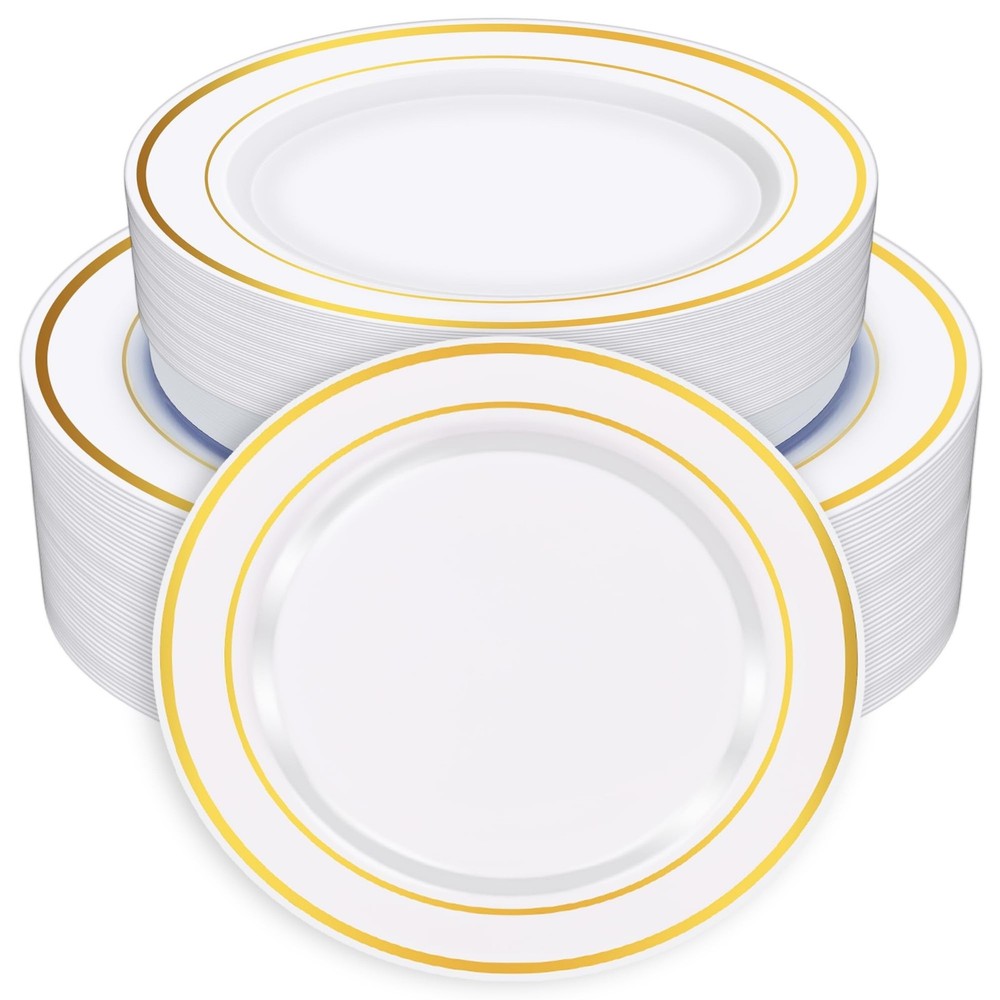 Zcaukya 100PCS Gold Plastic Plates, Disposable Plastic Dishes with Gold Rim i…