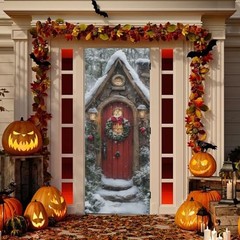 Christmas Fairy Door Cover, Stretch Fabric Backdrop Porch Covers 35 x 79 in