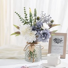 Fake Flowers Artificial Blue Flowers with Vase, Table White and Blue