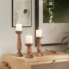 Rustic Wooden Pillar Candle Holders Set of 3, 12” 9” 6” Farmhouse Wood Can…