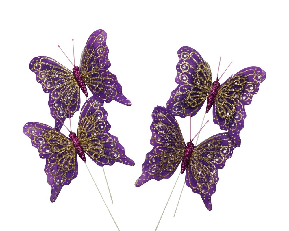 12PC 4″ Purple + Gold Glitter Feather Butterflies Craft DIY Wedding Cake Topper