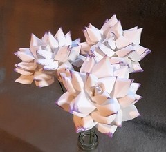 3 Handmade Paper Flowers on stems (White w/Purple tips) for Wedding, Valentine’s