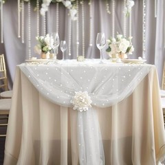 Pearl Table Runner Tulle Fabric Lace Tablecloth Beaded 63″ x 118″, 1pc White