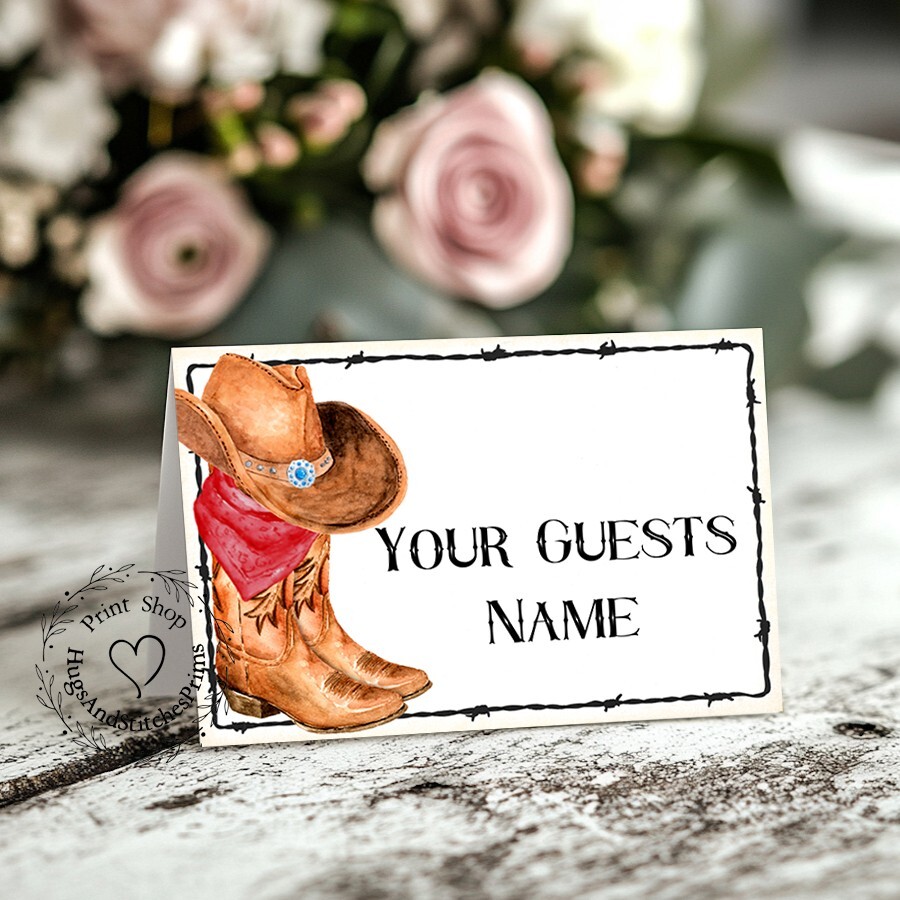 RUSTIC WESTERN COWBOY BOOTS TENT STYLE WEDDING PLACE CARDS or TABLE CARDS #447