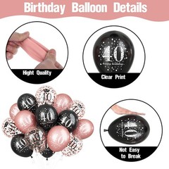 Black Rose Gold Happy 40th Birthday Balloons, 15 Pieces 40th Birthday Decorat…