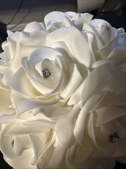 White Rose Kissing Ball w/ Rhinestones & Ribbon Wedding Decor Flower Girl