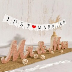 Rose Gold Wooden Mr & Mrs Signs & Just Married Banner Wedding Decorations
