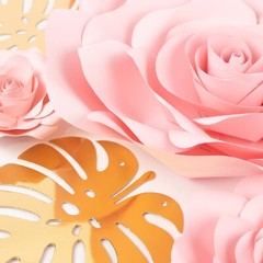 9 PINK 3D Rose Paper Flowers with Gold Monstera Leaves Wedding Decorations