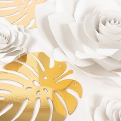 9 WHITE 3D Rose Paper Flowers with Gold Monstera Leaves Wedding Decorations