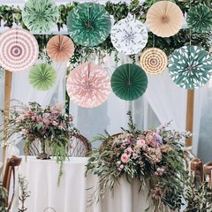 Thenshop 12 Pcs Green Hanging Paper Fans Decoration Wedding Boho Leaf Style