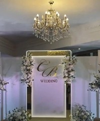 Customizable Floral Wedding Backdrop, White Gold, Fabric Plastic, Rectangle