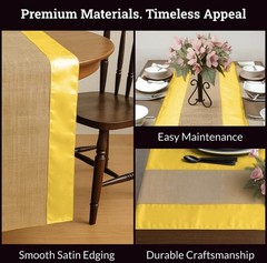 Premium Jute Fabric + Satin Fabric Table Runner Yellow 18″ X 120″ Elegant Rustic