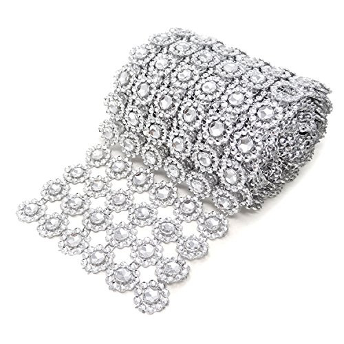 4 Inch x 2 Yards Sparkling Silver Flower Shape Diamond Mesh Wrap Roll Faux