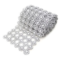 4 Inch x 2 Yards Sparkling Silver Flower Shape Diamond Mesh Wrap Roll Faux