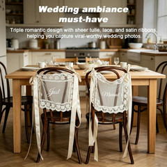 Just Married Wedding Chair Signs Set of 2, Sheer Lace Bride and Groom Chair Back