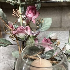Wedding Lantern Patina Metal Cage Candle Holder w/Roses Shabby Chic Cottage