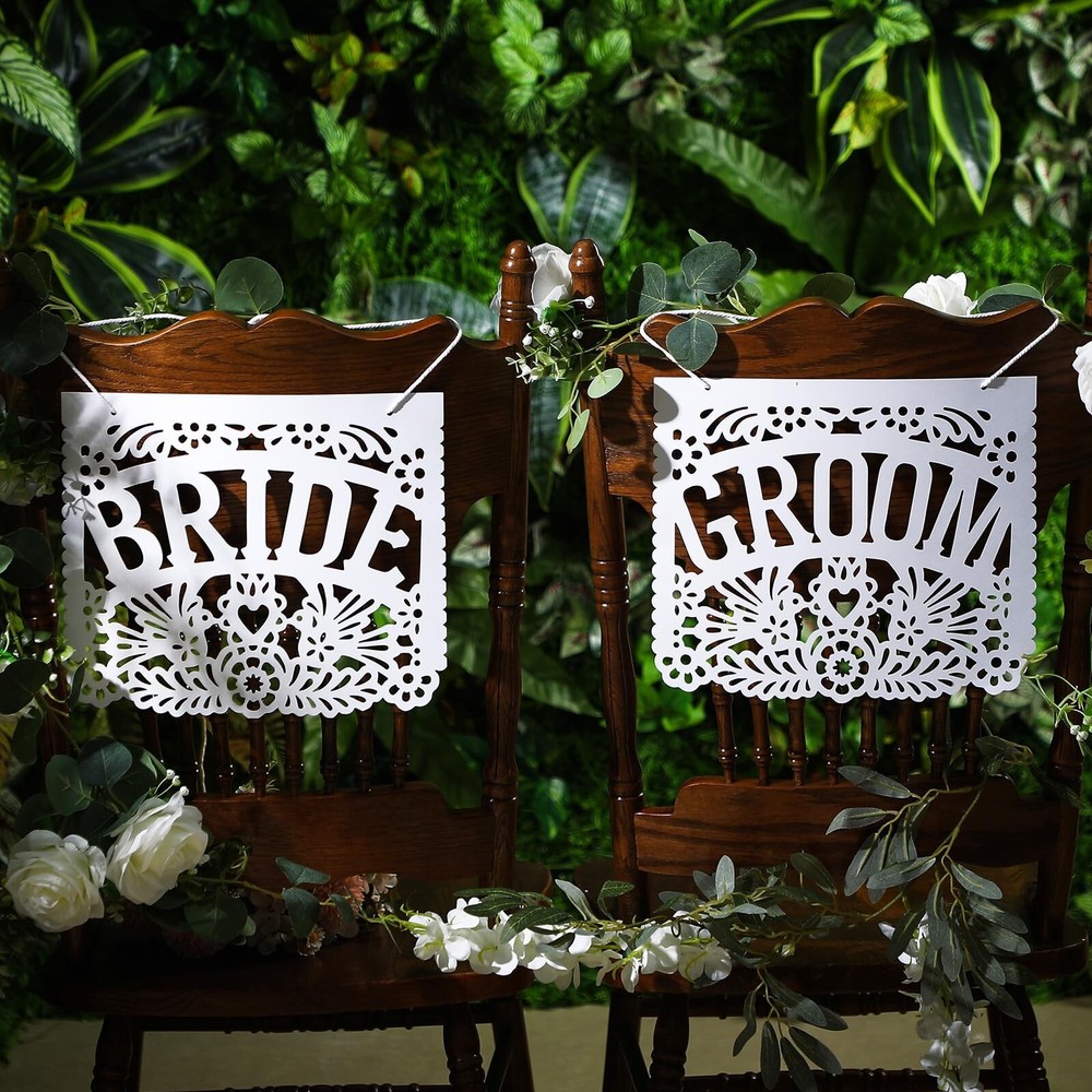 Mexican Wedding Decorations White Papel Picado Bride and Groom Chair Signs Me…