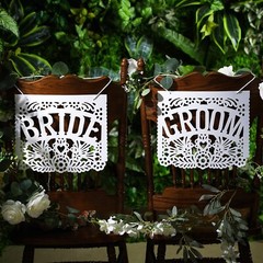 Mexican Wedding Decorations White Papel Picado Bride and Groom Chair Signs Me…
