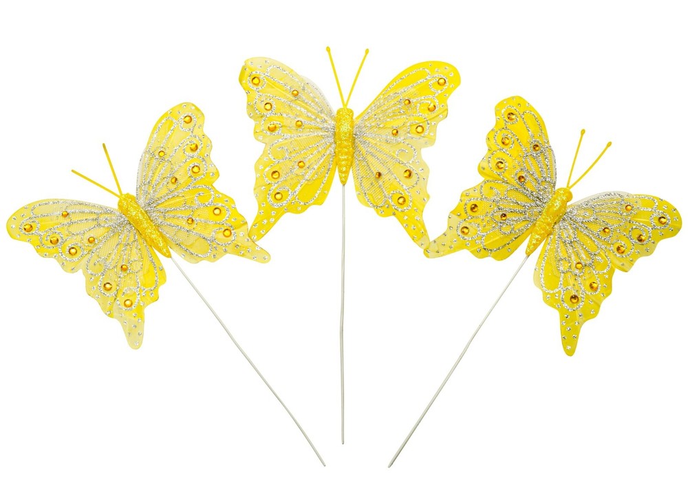 12PC 4″ Yellow + Silver Glitter Feather Butterfly Craft DIY Wedding Cake Topper