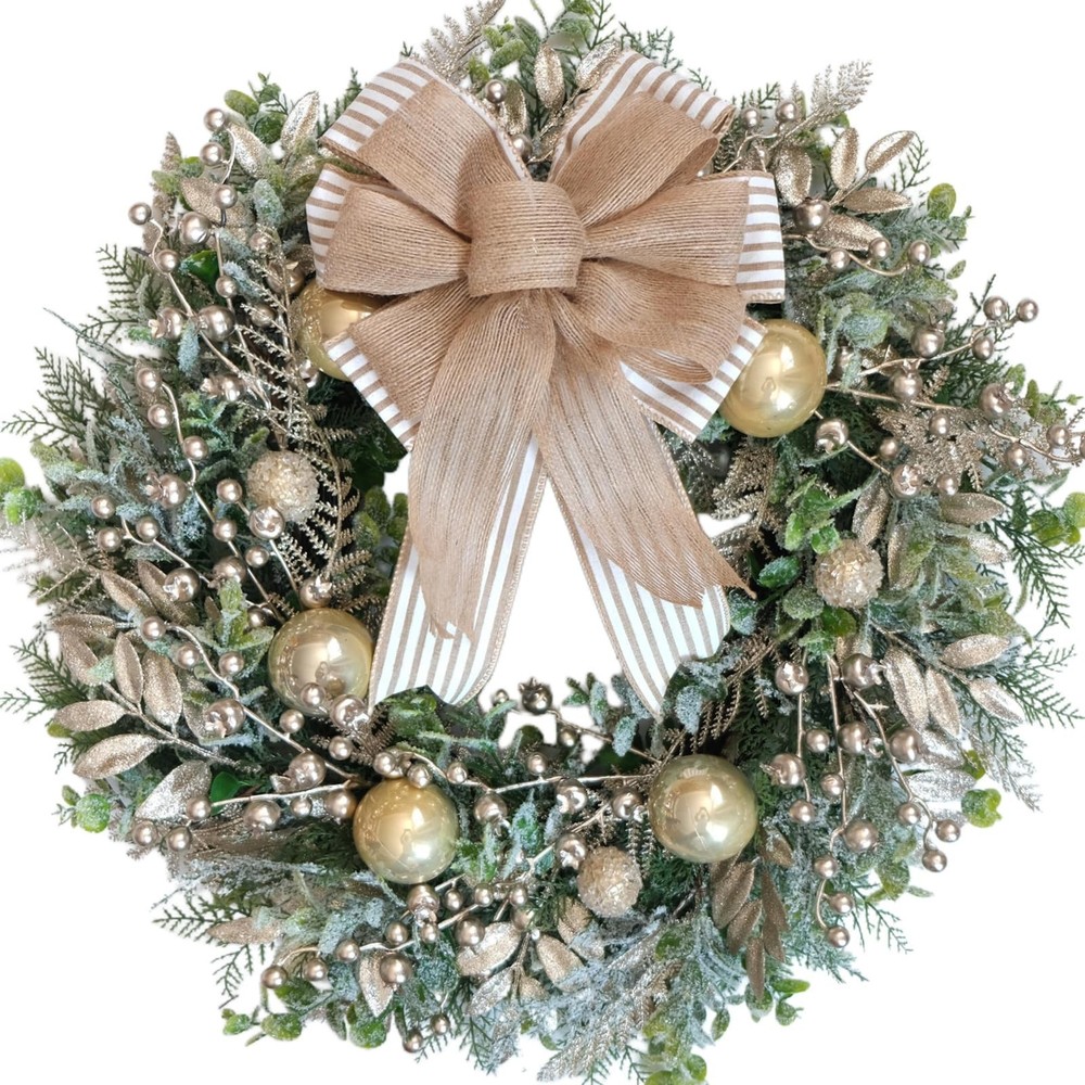 24 Inch Christmas Champagne Leaves Berries Wreath for Front Door, Rustic Farm…