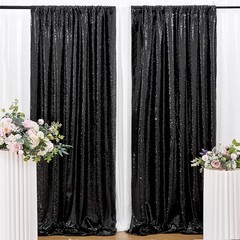 Seamless Black Sequin Curtain Set 2FTx8FT for Wedding and Event Decorations