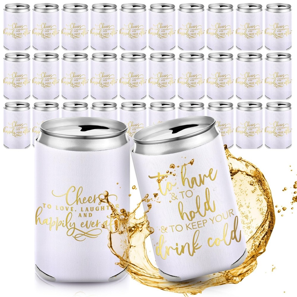 Qinyoung 50 Pieces White Wedding Can Cooler Sleeves Bulk Engagement Party Fav…