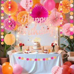 Hot-Pink Orange Birthday Decoration for Women Girl, Fall Peach Hot-pink Orange
