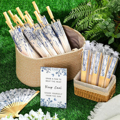 Blue Floral Wedding Favor Set: 61 Pcs with Umbrellas, Fans, Bags & Sign