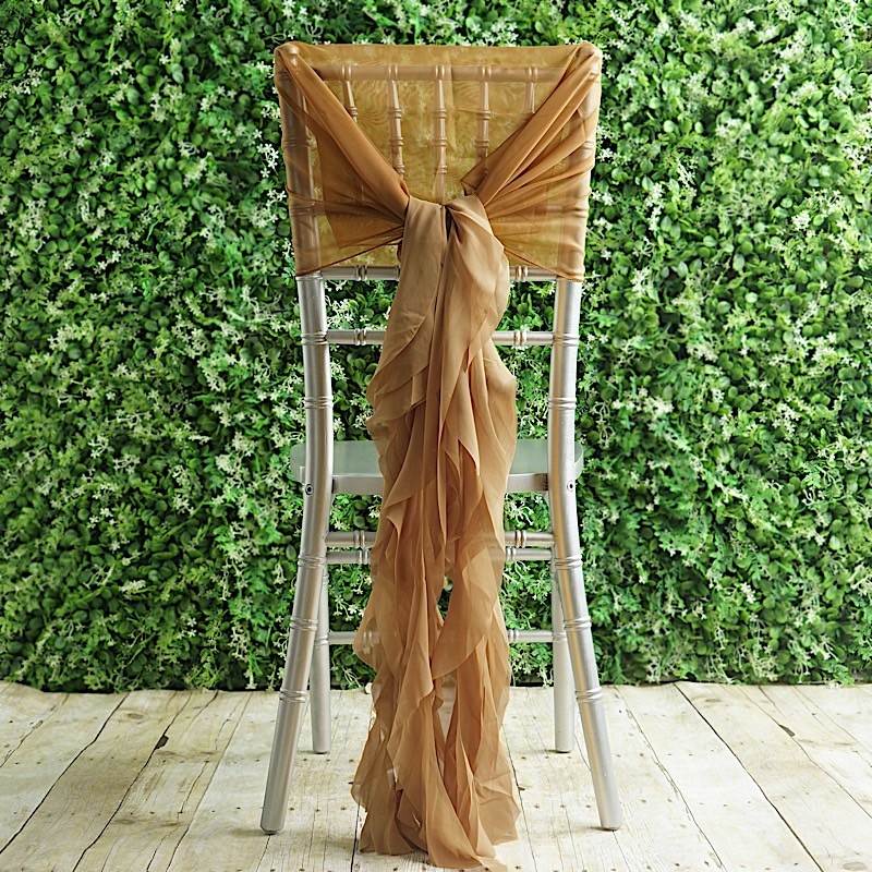 Gold Premium CHAIR COVER with Curly Chiffon Ruffled SASHES Wedding Decorations