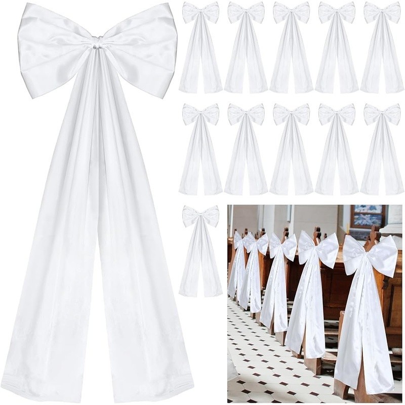 Wedding Pew Bows Long Tails Aisle Decorations Bows Satin Ribbon Background 12pc