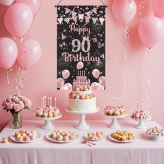 Rose Gold 90th Birthday Decorations – Door Banner, Hanging Banner & Wall Deco…